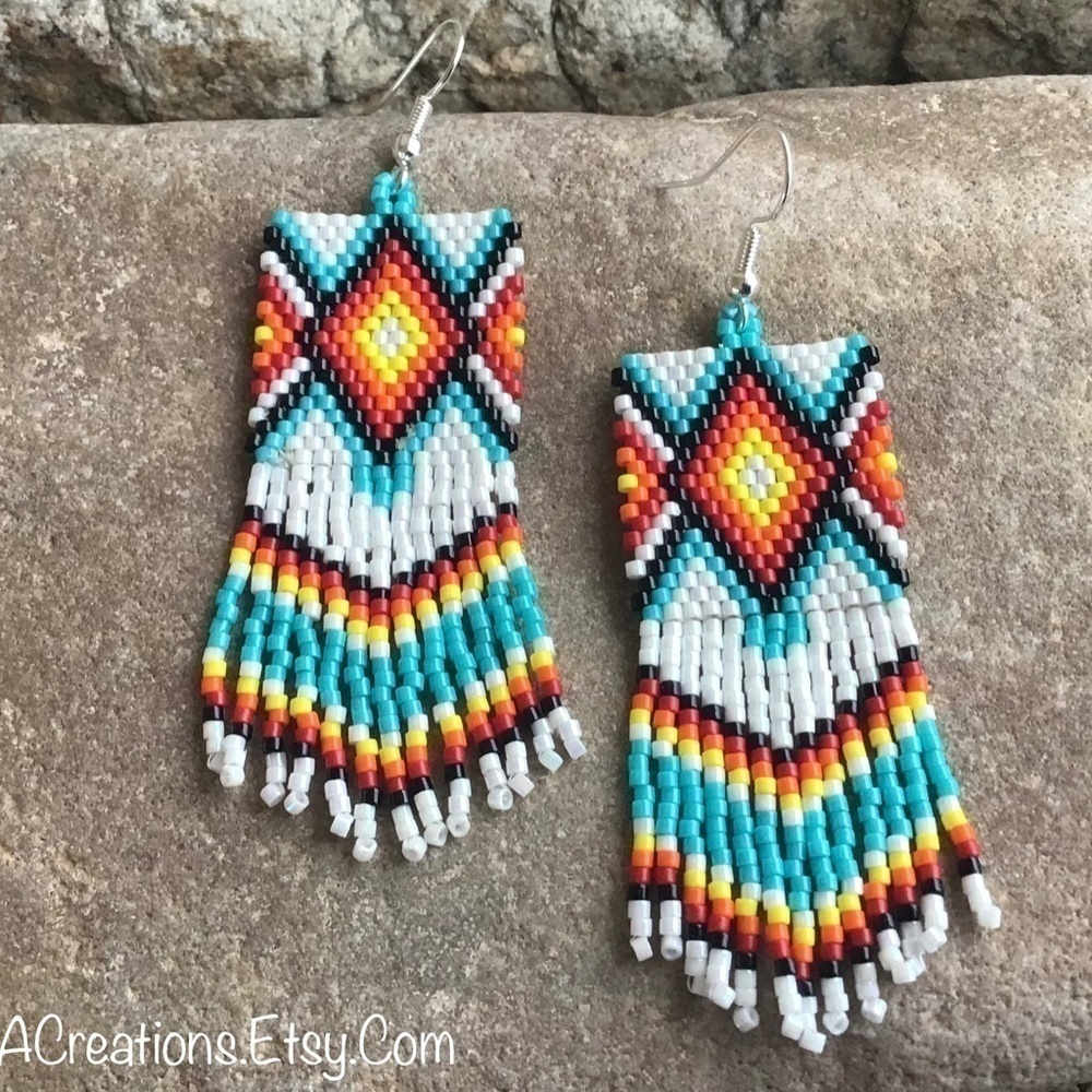 Native Diamond Beaded Earrings, New, Handmade by Me - Picture 2 of 4